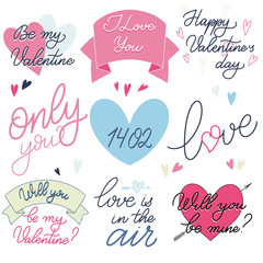 Valentine Day text set in romantic pink and blue colors, Calligraphic love lettering