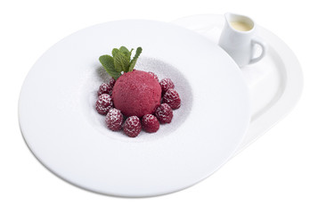 White chocolate soup with ice cream.