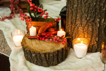  Delicious dinner in Ukrainian style sausage and cheese on hemp by candlelight looks very appetizing