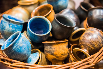 Handmade dishes made of clay. Pottery. Germany