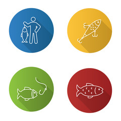 Fishing flat linear long shadow icons set