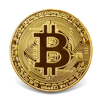 Golden bitcoin isolated on the white background.