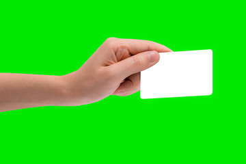 Hand hold business card, credit card or blank paper isolated on green background with clipping path.