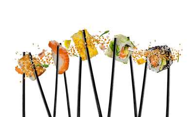 Pieces of sushi with wooden chopsticks, separated on white background. - Powered by Adobe