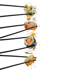Afwasbaar Fotobehang Sushi bar Pieces of sushi with wooden chopsticks, separated on white background.