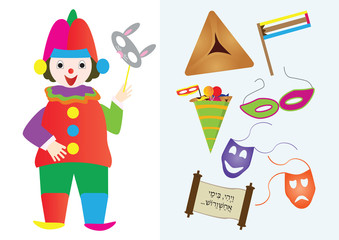 Purim vector cliparts and a clown holding a bunny mask
