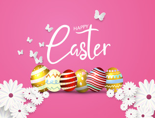 Happy Easter eggs isolated on pink background. Paper cut Butterfly with flower holiday