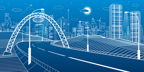 Highway under the bridge. Modern night town, neon city. Infrastructure illustration, urban scene. White lines on blue background. Vector design art 