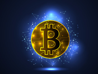 banner with golden bitcoin. Abstract background for design technology and networking science