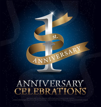 1st year anniversary celebration silver and gold logo with golden ribbon on dark blue background. vector illustrator