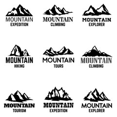 Set of mountain icons isolated on white background. Design elements for logo,label, emblem, sign.