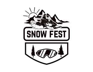Offroad extreme adventure. Emblem template with snowmobile. Design element for logo, label, emblem, sign.