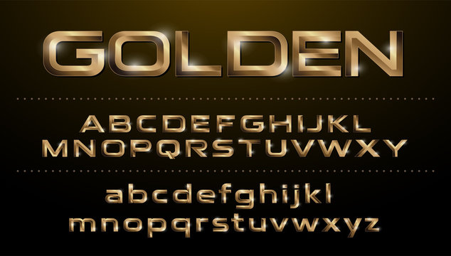 Alphabet fonts. Metallic, golden effect regular letters on a dark background. alphabet vector typeface glowing text effect. ABC, Gold lowercase and uppercase letters