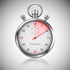 10 seconds. Silver realistic stopwatch with reflection. Vector