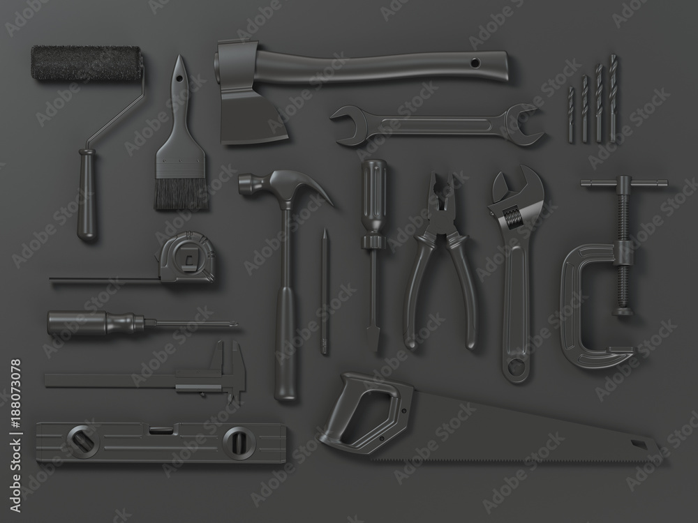 Wall mural Set of of black tools on black background. Mock up. With paths 3d illustration