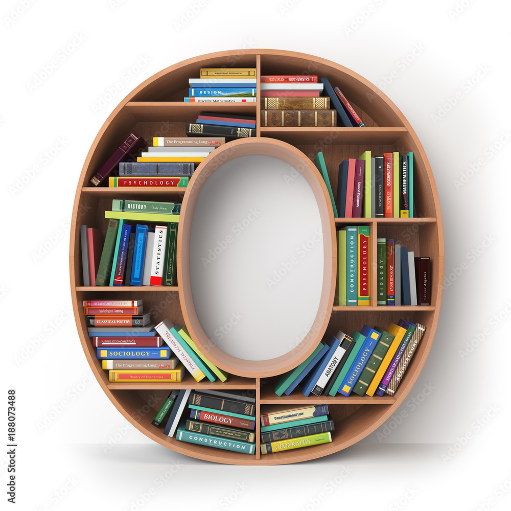 Poster letter o. alphabet in the form of shelves with books isolated on white.