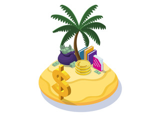 Offshore company concept with money banknotes, coins on tropical island with palm and dollar sign, folders with documents, financial fraud poster, isometric 3d vector illustration