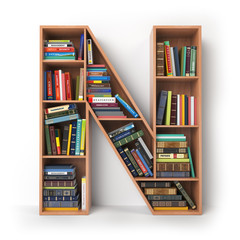 Letter N. Alphabet in the form of shelves with books isolated on white.