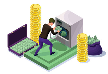 Criminal washing banknotes in machine, money laundering icon with bandit, financial fraud concept, isometric 3d vector illustration - 188073416