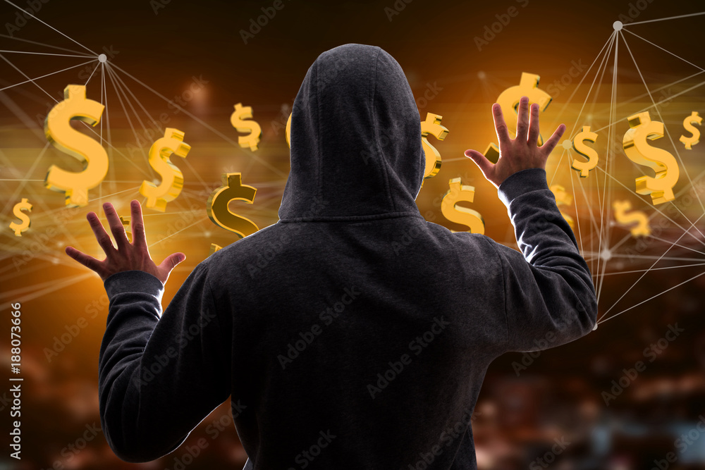 Poster hacker man in the dark using computer to hack data and information system