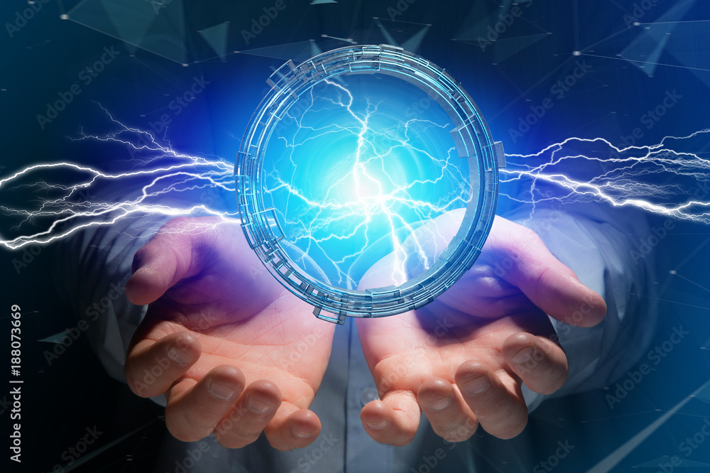 Poster thunder lighting bolt in a science fiction wheel interface - 3d rendering