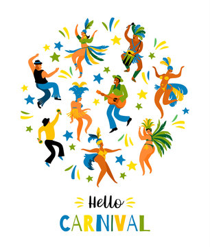 Brazil carnival. Vector illustration of funny dancing men and women in bright costumes.