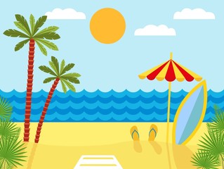 Tropical landscape with beach , sea and palm trees. Summer background with sea, palm trees, beach umbrella, surfboard