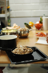 The process of preparing a festive dinner: dishes, serving, sandwiches, salads.