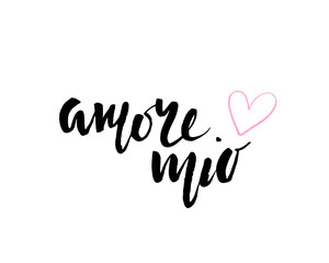 Amore mio. Valentines day calligraphy card. Hand drawn design elements. Handwritten modern brush lettering.