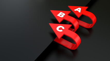 3d red abc arrow pointing over/backwards shape