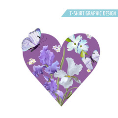 Romantic Love Heart Shape T-shirt Design with Blooming Iris Flowers and Butterflies. Floral Postcard Invitation Fabric Background. Vector illustration
