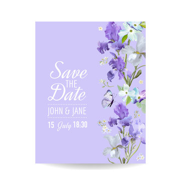 Save the Date Card with Flowers and Butterflies. Floral Wedding Invitation Template. Botanical Design for Greeting Cards. Vector illustration