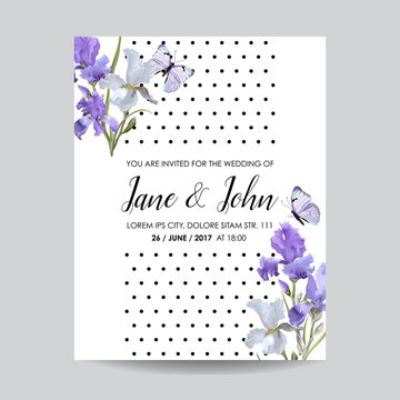 Save the Date Card with Iris Flowers and Butterflies. Floral Wedding Invitation Template. Botanical Design for Greeting Cards. Vector illustration