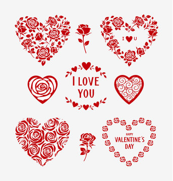 Set of decorative floral hearts for wedding design. Valentine's Day hearts and floral love elements. Vector illustration