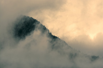 Fototapeta na wymiar Slant skyline of forest on mountain slope overlapped with heavy orange lit clouds