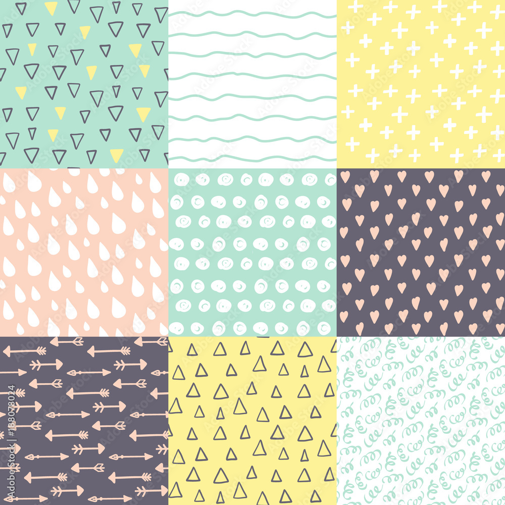 Poster set with 9 hand drawn doodle brightly colors seamless patterns. simple texture for background, wallp