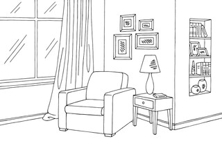 Living room graphic black white armchair interior sketch illustration vector