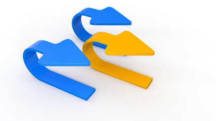 3d three soft  blue yellow arrows pointing over/backwards shape