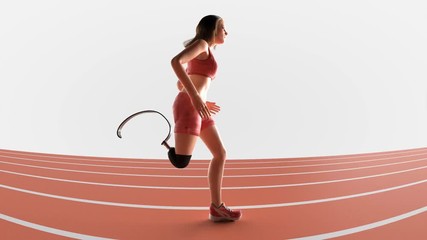 Physically challenged female athlete with prosthetic leg runs along the running track. Wide-angle tracking shot. CG animation. - Powered by Adobe