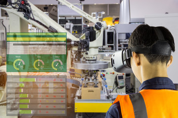 Fototapeta premium Industry 4.0 Robot concept .Engineers are using virtual AR to maintain and check the work of human robot in the 4.0 Smart Factory.