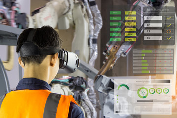 Industry 4.0 Robot concept .Engineers are using virtual AR to maintain and check the work of human...