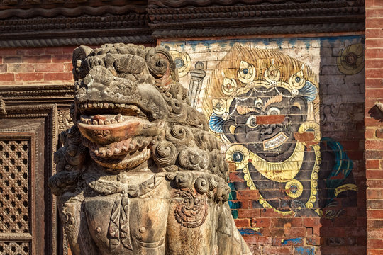 Lion Sculpture in front of Patan Museum, Lalitpur Durbar Square, Nepal
