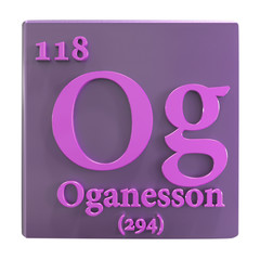 Oganesson, Og, a recently discovered synthetic chemical element included into the periodic table in 2016. 3D illustration