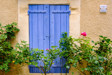 Une fenêtre traditionelle provençale avec des volets bleu, les fleurs de roses devant de fenêtre. 