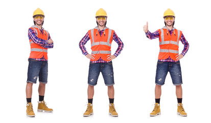Young construction worker in helmet and briefs isolated on white