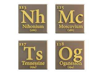 New chemical elements Nihonium, Moscovium, Tennessine and Oganesson, recently added to the periodic table, 3D illustration