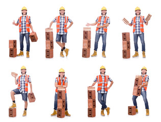 Builder with clay bricks isolated on white