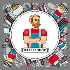 Naklejka premium vector flat barber shop poster with brutal hipster man with beard, shaving accesorries icons scissors, comb, shaving brush, barber pole, hairdresser sprayer gel. Isolated illustration white background