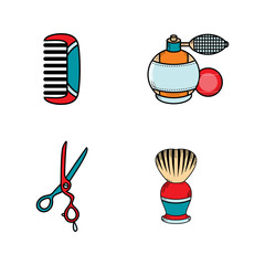 vector flat barber shop tools set. Scissors, comb, shaving brush, hairdresser sprayer icon. Isolated illustration on a white background for your logo, brand design