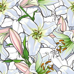 Vector hand drawn sketch illustration of white tulips flowers with closed, opened blossoms, leaves seamless pattern. Floral natural decoration background, backdrop element for fabric, textile design.